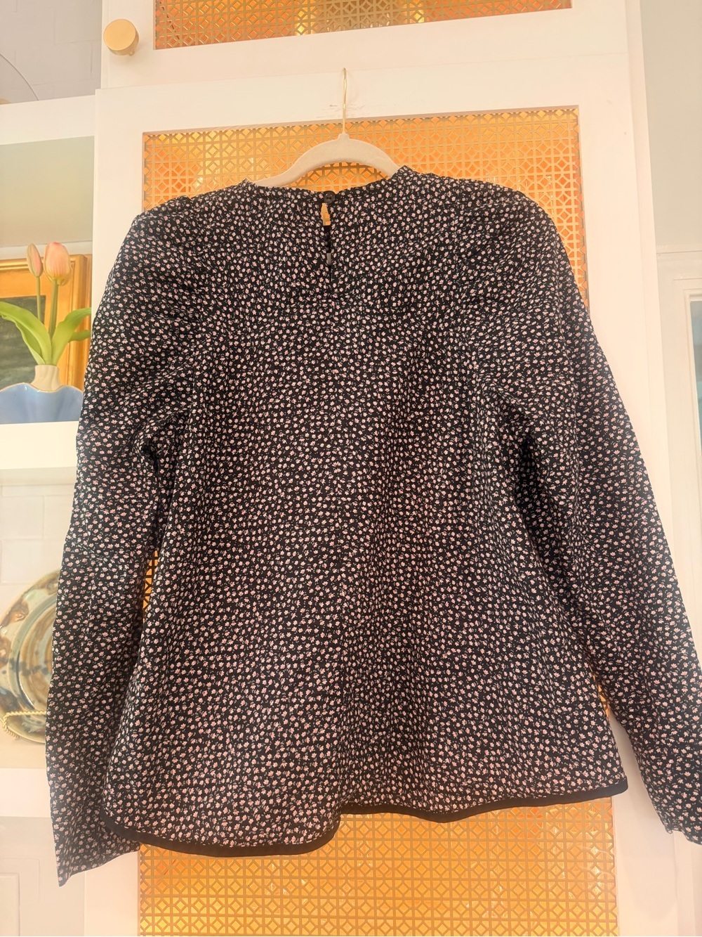 Tish Cox Medium Black Long-Sleeve pink micro Floral print! EUC! 100% cotton - Picture 3 of 7